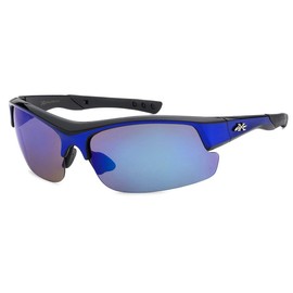 Solei Shades Men's Half Frame Sports Wrap Sunglasses - Blue with Blue Mirrored Lenses