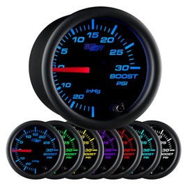 GlowShift Black 7 Color 30 PSI Turbo Boost/Vacuum Gauge Kit - Includes Mechanical Hose, T-Fitting & Wiring - Multi-Color Display - Black Dial - Clear Lens - for Car & Truck - 2-1/16" 52mm