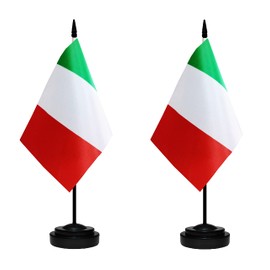 Italy Italian Deluxe Desk Flag Set Small Mini Miniature Italy Italian Table Desktop Flags With Solid Pole, Black Base and Spear Top(2 Pack)