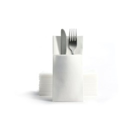 Airlaid Ready-Folded Napkins with Cutlery Pocket, Plain White, 40 x 40 cm, Textile-Like 1/8 Felt Material, 50 Napkins Per Pack, Premium Folded Napkins for Cutlery, Wedding / Birthday Serviettes