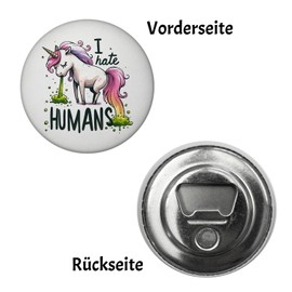 Unicorn Magnet with Bottle Opener Round with Saying I Hate Humans Kotzend Menschen-HASS Magie Colourful and Rainbow Colours