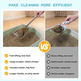 PETOCAT Metal Cat Litter Scoop with Holder Stainless Steel Kitten Poop Scooper, 17.5" Heavy Duty Pet Poop Sifter for Cat Box, Long Handle Large Waste Shovel, Fast Sifting Big Clumps, Solid & Durable