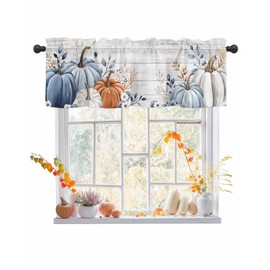 Fall Curtain Valance for Windows Blue Pumpkin Rod Pocket Valance Window Treatments Leaves Floral Wood Grain Thanksgiving Holiday Short Curtains for Kitchen Windows Living Room Bedroom Decor 54x18in