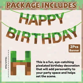 Pre-Strung Pixel Happy Birthday Banner Mining Pixel Party Decorations Video Game Banner Sign Photo Backdrop Gamer Birthday Hanging Wall Decor for Kids Boys Girls Home Door Wall Gamer Party Supplies