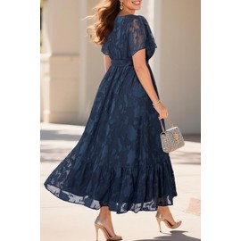 Navy Blue Dress for Women Plus Size Wedding Guest Summer Wrap V Neck Semi Formal Lace Floral Maxi Dresses with Belt