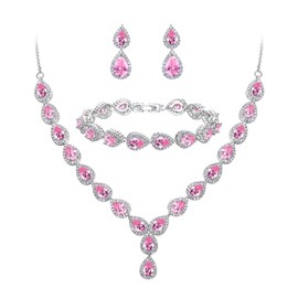 Clearine Women's Wedding Bridal Teardrop CZ Infinity Figure 8 Y-Necklace Tennis Bracelet Dangle Earrings Jewellery Set Pink Silver-Tone