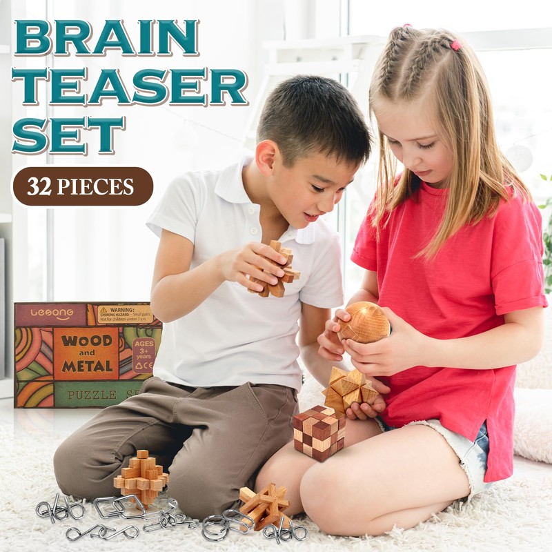 Brain Teaser Wooden Metal Puzzles - Stocking Stuffers Brain Teaser
