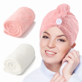 Haomye Super Absorbent Hair Towel Wrap Hair Drying Towel with Button Microfiber Quick Dry Hair Turban for Women and Girls 2Pcs (Pink&Beige)