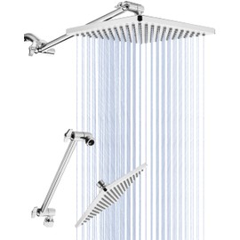 8'' Rain Shower Head with 11'' Extension Arm- 2 for 1 Combo Large Surface Fixed Square Shower Head- Extra Long Adjustable Shower Head Extension Arm- Singing Rain Ultimate Shower Experience