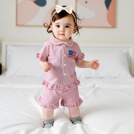 Kavousa Toddler Baby Boy Girl 4th of July Pajamas American Flag Embroidery Striped T-Shirt Shorts Kids Nightgown Summer PJs (Ruffle Red, 2-3 Years)