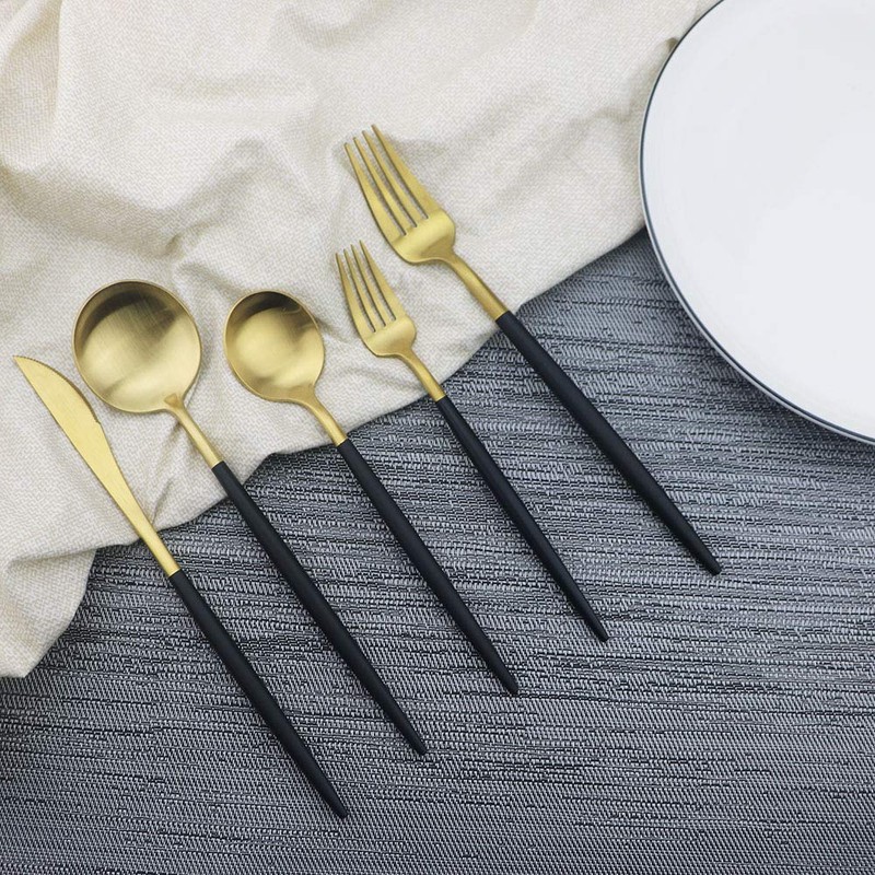 JASHII Luxury Black Gold Flatware, Silverware Sets, 5-Piece Elegant Cute