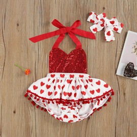 Xiaodriceee Newborn Baby Girl Valentine's + Day Outfit Flutter Sleeve Heart Print Tutu Romper Dress Headband 2Pcs Clothes Set (Red White, 12-18 Months)
