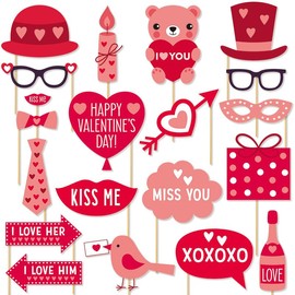 Valentine's Day Photo Booth Props Kit, 20 Pcs Red Wedding Selfie Photography Photo Props Hat Glasses Heart Pose Signs DIY Photo Props for Valentine's Day Party Supplies Decorations