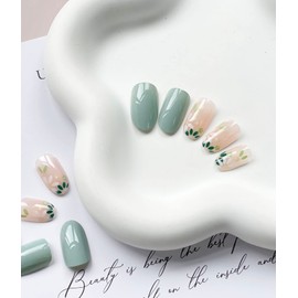 Medium Press on Nails Green Fake Nails Almond Shape Acrylic Nails Round Head False Nails with Daisy Design Full Cover Glossy Stick on Nails Small Flowers Cute Artificial Nails Spring Summer Fake Nails
