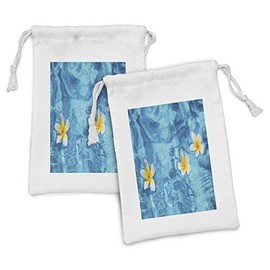 Ambesonne Hawaiian Fabric Pouch Set of 2, Tropical Frangipani Flower Floating in Water Pool Summertime Ecofriendly, Small Drawstring Bag for Toiletries Masks and Favors, 9" x 6", Aqua Yellow White