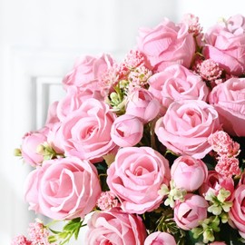 Fake Roses Artificial Flowers, 2 Pack Rose Fake Flowers for Decoration, Real Touch Pink Roses Bouquets Silk Flowers for Vase Centerpiece Table Wedding Party Bridal DIY Decor