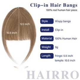 Hairro Hair Bangs Clip in Human Hair Extensions Wispy Bangs Neat Fringe for Women 100% Real Remy Human Piece Short Hairpiece Anti-aging Bangs Daily Use Honey Blonde