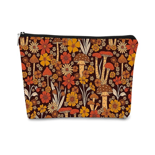 BARPERY Retro Mushrooms and Flowers Makeup Bag,Floral Vintage 60s 70s Hippie Cosmetic Bag Best Gift Idea for Teen Girls Sister Girlfriend,Birthday Christmas Valentine's Day Gift Makeup Bag