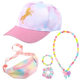 5 Pcs Girls Hat Kids Trucker Hat Set Girls Baseball Hat Girls Tie Dye Unicorn Hat Hair Scrunchies for Girls Waist Bag Beaded Necklace and Bracelet for Sports Summer Hiking Travel