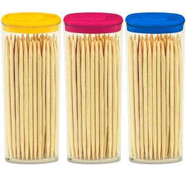 DecorRack 3 Travel Toothpick Dispensers with 150 Natural Bamboo Toothpick Holders, Portable Single-Point Wood Container with Covers, On the Go, Clear Mini Holders (Pack of 3)