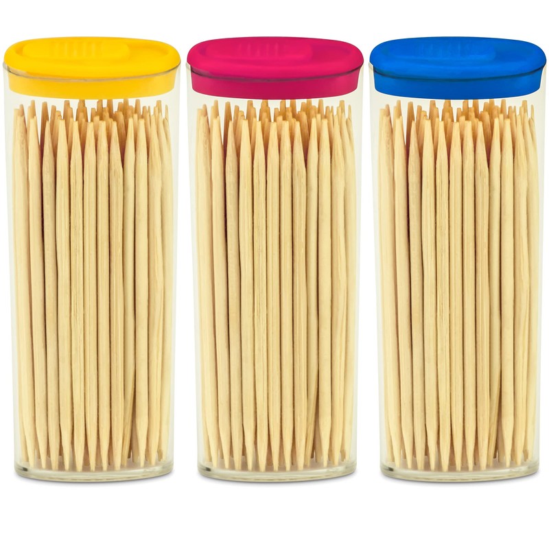 DecorRack 3 Travel Toothpick Dispensers with 150 Natural Bamboo Toothpick