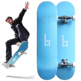 Braille Complete Skateboard for Adults Teens Boys & Girls Kids Skateboard: Standard Skateboard for Tricks 8 Inch x 31.5 Long Pro Skate Board, Full Grip Tape, 7 ply Canadian Maple Metal Trucks, Blue