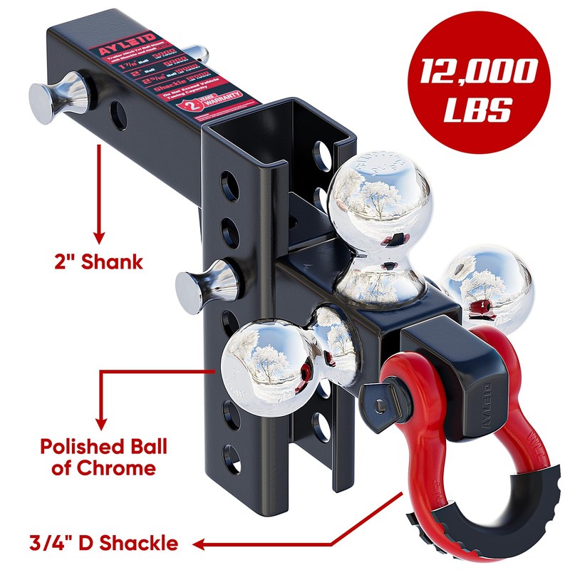 Ayleid Trailer Hitch Tri-Ball Mount with Hook&Pin&Rotatable Tow Shackle,Fits 2-in