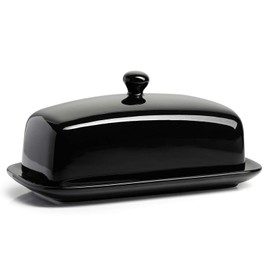 Sweese Butter Dish with Lid, Porcelain Butter Keeper, 7.8 Inch Butter Holder with Handle Cover, Butter Container Perfect for East West Coast Butter, Black