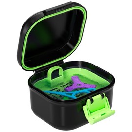ANYLEY Denture Case, Definitely No-Leak Denture Bath Cup with Strainer for Travel, Household & Office, Completely Clean Care for Retainer, Mouth Guard, & Denture (Black + Light Green)