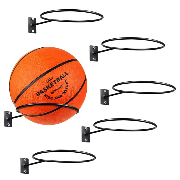 LAITER 6 Pieces Wall Mount Metal Ball Rack, Shelf Sports Ball Holder Black with Screws, Mounted Basketball Storage Presentation, Sports Ball Holder for Football Volleyball Football Display