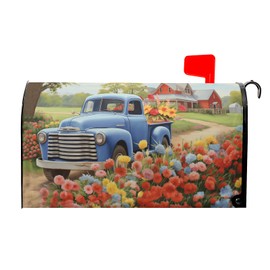 Spring Blue Truck On The Farm Mailbox Covers Magnetic Standard Size 18" X 21",Colorful Spring Summer Floral Mailbox Wraps Post Letter Box Cover for Holiday Garden Yard Decor
