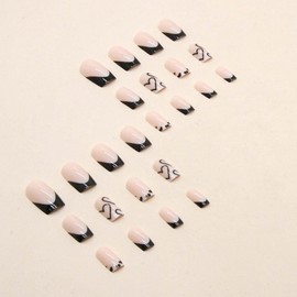 Lifextol Valentines Day Press on Nails French Tip Press on Nails Short Square Fake Nails with Love Heart Stick on Nails Press ons with Adhesive Tabs,24pc Black Nails for Women