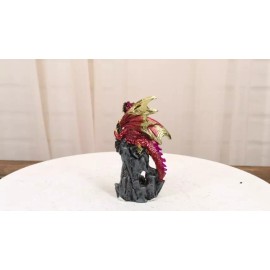 Metallic Crimson Red Dragon Guarding Castle Tower On Mountain Cliff Figurine