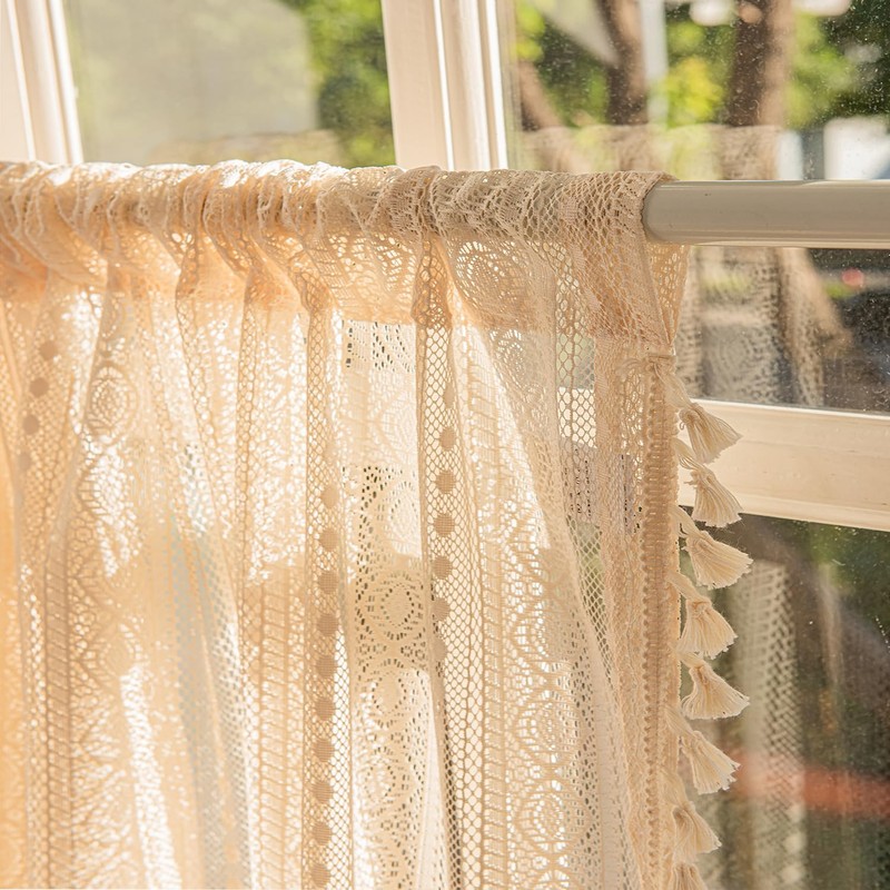 Crochet Macrame Boho Kithen Curtains Sets for Windows Over Sink