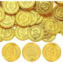 JOYIN 100 PCS Plastic Fake Gold Coins, Doubloons Iris Coins, Play Treasure for Play Supplies, Treasure Hunt Game and Party Decorations Favors Supplies, Children's Party Favors
