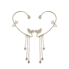 QKEPCY Ear Wrap Earrings Cuff Ear Wrap Earrings Flowers Leaf Climber Crawler Earrings Non Piercing Long Tassel Earrings Fashionable Ear Cuff Earrings for Women, Alloy Steel, Zircon