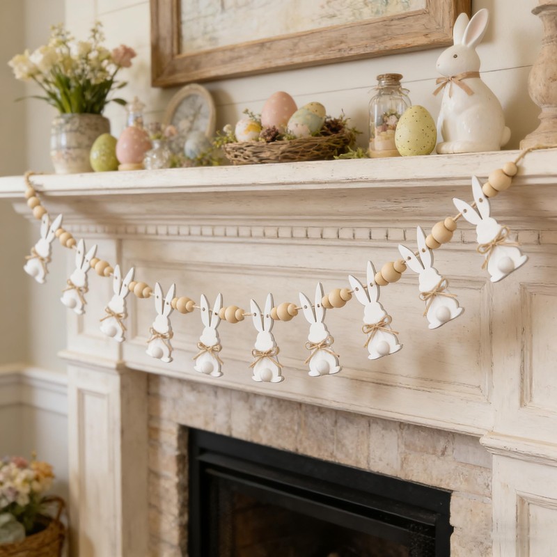 6.5ft Cute Easter Bunny Garland with Wood Beads, Farmhouse Easter
