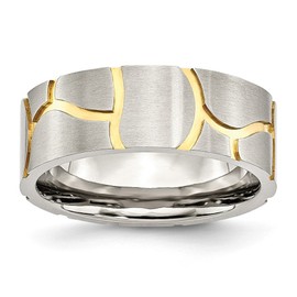 Stainless Steel Grooved Yellow IP-plated Men's 8mm Men's Matte Brushed Finish Wedding Band Ring Size 10.5