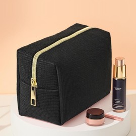 Black Makeup Bag for Women, Travel Cosmetic Pouch with Zipper Closure, Portable Toiletry Organizer