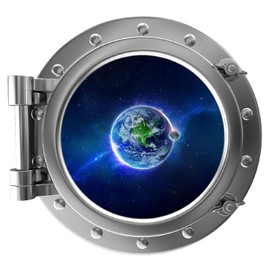 18" Port Scape Instant Space View EARTH #1 Silver Porthole Window 3D Wall Decal Removable Wall Mural Vinyl Sticker Solar System Planet Kids Room Decor