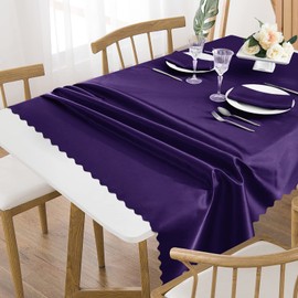 Manyshofu Purple Satin Tablecloth Rectangle 60 x 120 Inch - Scalloped Tablecloth(1 Pack), Oblong Satin Table Cloth Waterproof Silky Table Cover for Wedding Party Banquet Dining Rectangle Tables