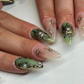 MISUD Press on Nails Medium Almond Fake Nails Glossy Glue on Nails Green Chrome Acrylic Nails Stiletto Artificial Nails Sun Star Pearl Stick on False Nails with Design 24 pcs