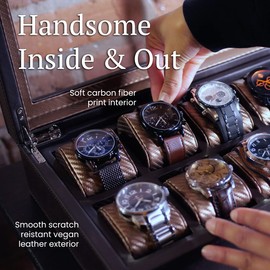 HOUNDSBAY Mariner Watch Box for Large Watches, PU Leather Watch Organizer, Black Carbon Fiber Watch Case Box Men