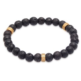 Kuzzoi Buddha Men's Natural Stone Bracelet Elastic Gemstone Bracelet Made of Lava Beads (8 mm) with Beads Made of 925 Sterling Silver Gold-Plated for Men Length 19-23 cm, Sterling Silver Yellow Gold,