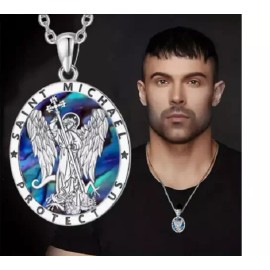 Fashion Jewelry large OVAL ST MICHAEL PROTECT ANGEL Pendant 26" 925 Sterling Silver Necklace men