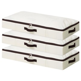 AMJ 3 Pack 4inch Underbed Storage Bins, Under Bed Storage Containers with Zippers for Blanket, Pillows, Comforters & Quilts, Beige