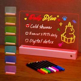 LED Note Board with 8 Colors，Acrylic Dry Erase Board with Light, Clear Monthly/Weekly Calendar, Led Drawing Board for Kids with Stand, 8 Markers, Adapter, Soft Cloth, Holiday Trend Gift (Pink)