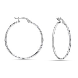LeCalla 925 Sterling Silver Texture Hoop Earrings for Women | Medium Classic 2mm Diamond-Cut Hoop Earring | Womens Round Click-Top Earring Hoops 30MM