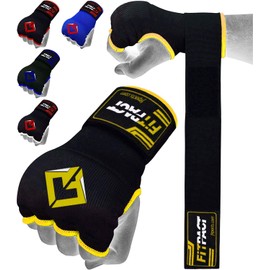 FITPACT Boxing Inner Gloves Inner Mitts Knuckle Guards Muay Thai Padded Under Gloves Hand Wraps Fist Protector Kickboxing with Long Wrist Wraps (Yellow, XL)