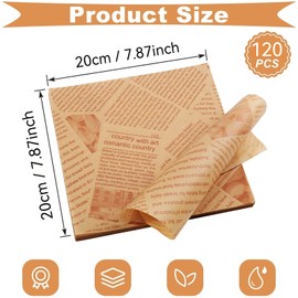 Pack of 120 Burger Paper, Deli Paper Sheets, 20 x 20 cm Sandwich Paper, Wax Paper for Food, in Baking Paper, Newspaper Look, Food Packaging Paper, for Burgers, Sandwiches